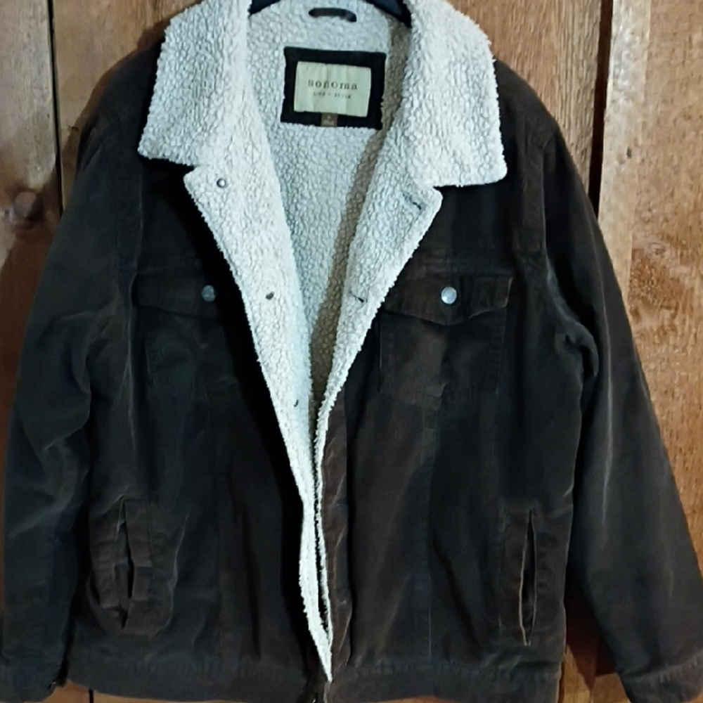 Sonoma Dark Brown Sherpa-Lined Jacket Courtroy Coat.